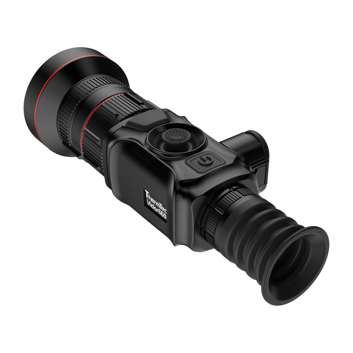 ThermTec Vidar 660 2.0 thermal compact scope, rear three-quarter view of eyecup and Vidar 660 branding