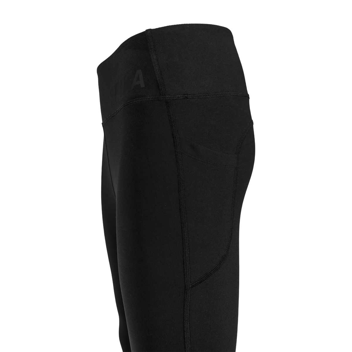 Close-up of the high waistband and side phone pocket on Spika GO Ember women's black leggings