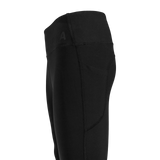 Close-up of the high waistband and side phone pocket on Spika GO Ember women's black leggings