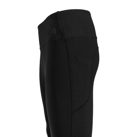 Close-up of the high waistband and side phone pocket on Spika GO Ember women's black leggings