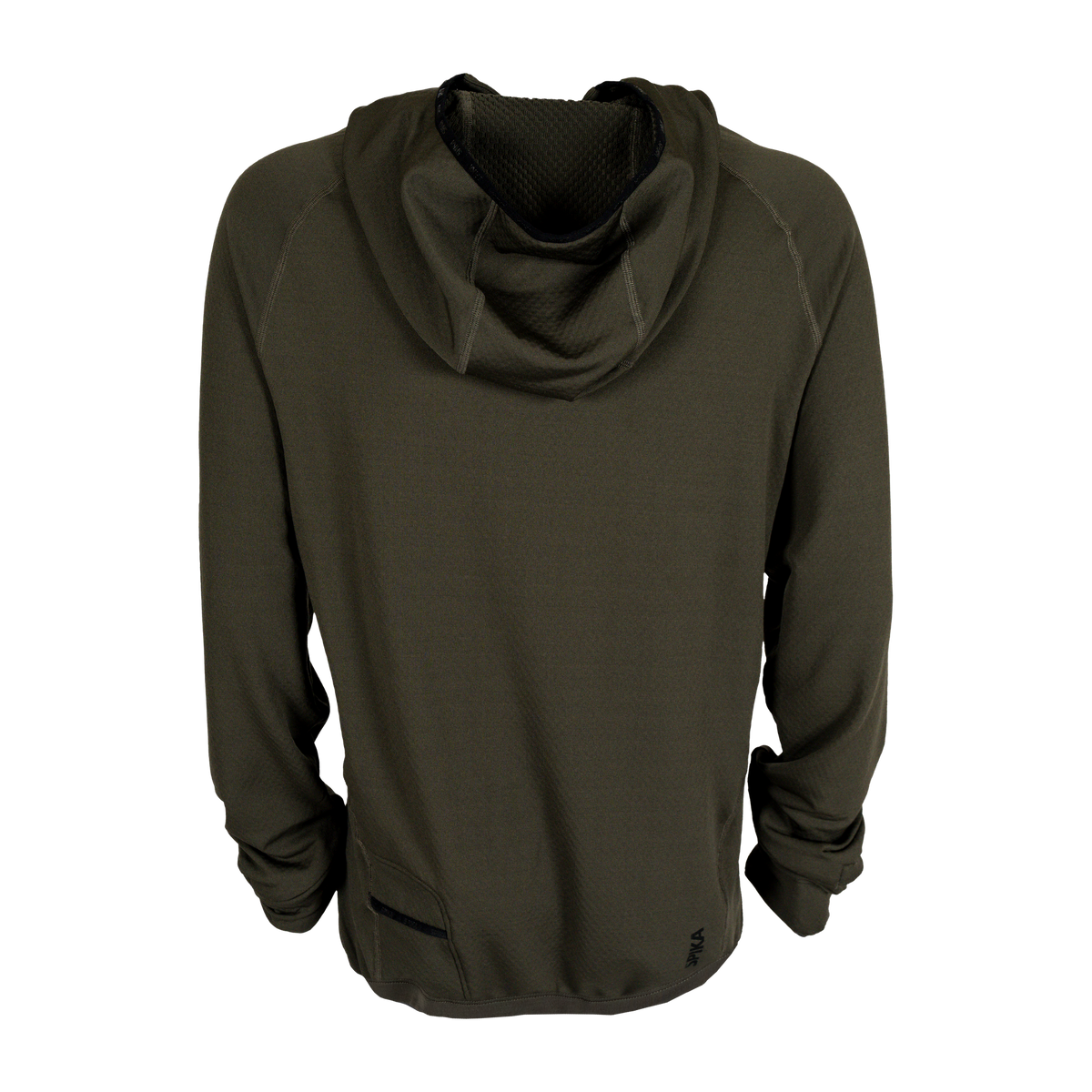 Spika men's microfleece hoodie in Olive Summit, back view with hood down