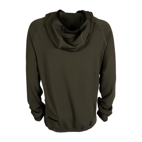 Spika men's microfleece hoodie in Olive Summit, back view with hood down