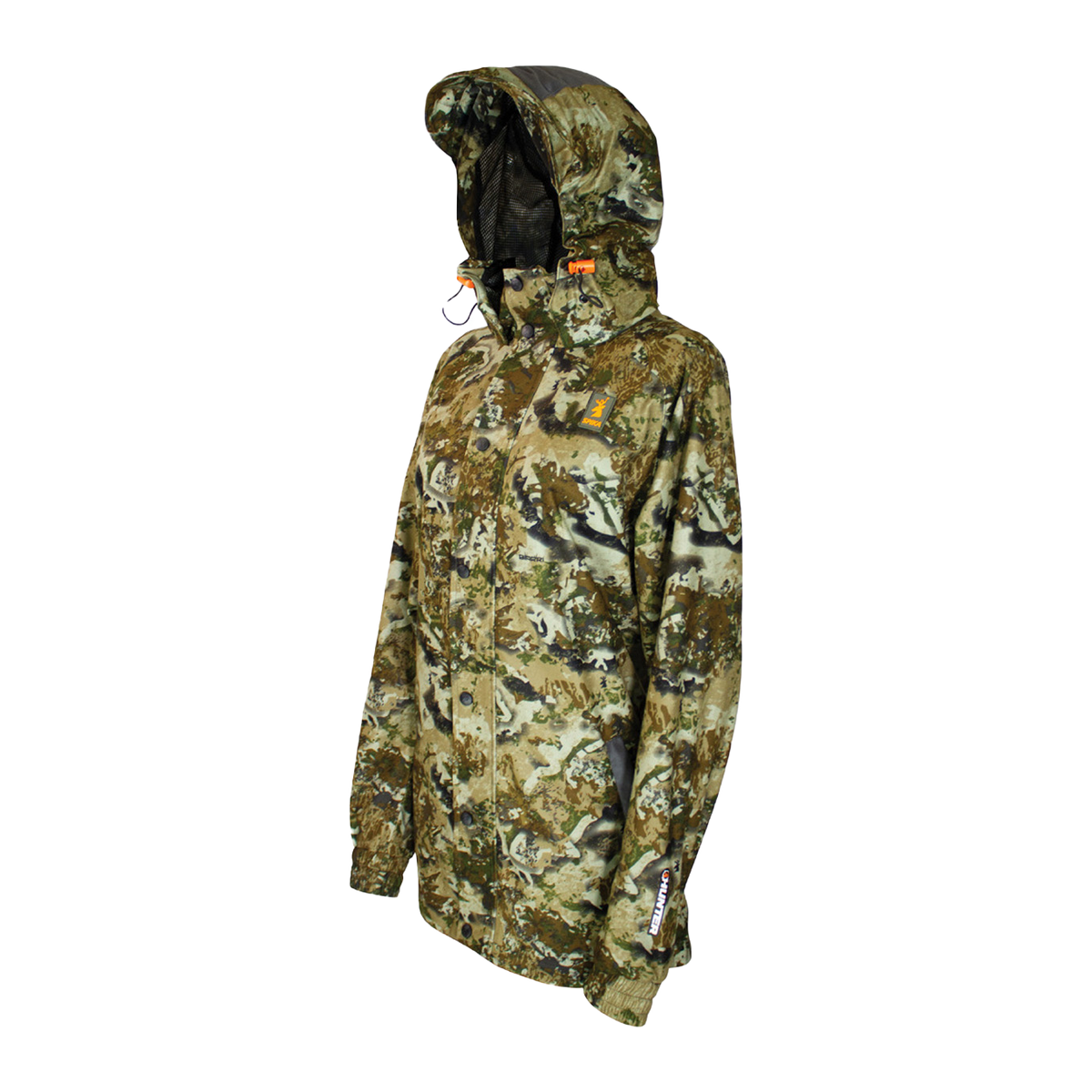 Spika Valley women's hunting jacket in Biarri Camo, three-quarter side view with hood toggles