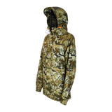 Spika Valley women's hunting jacket in Biarri Camo, three-quarter side view with hood toggles