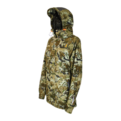 Spika Valley women's hunting jacket in Biarri Camo, three-quarter side view with hood toggles