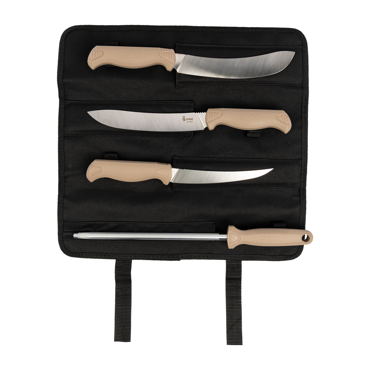 Spika Fieldcraft Cervitaur knife roll laid open with three tan-handled knives and sharpening steel