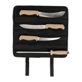Spika Fieldcraft Cervitaur knife roll laid open with three tan-handled knives and sharpening steel
