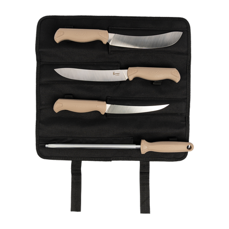 Spika Fieldcraft Cervitaur knife roll laid open with three tan-handled knives and sharpening steel