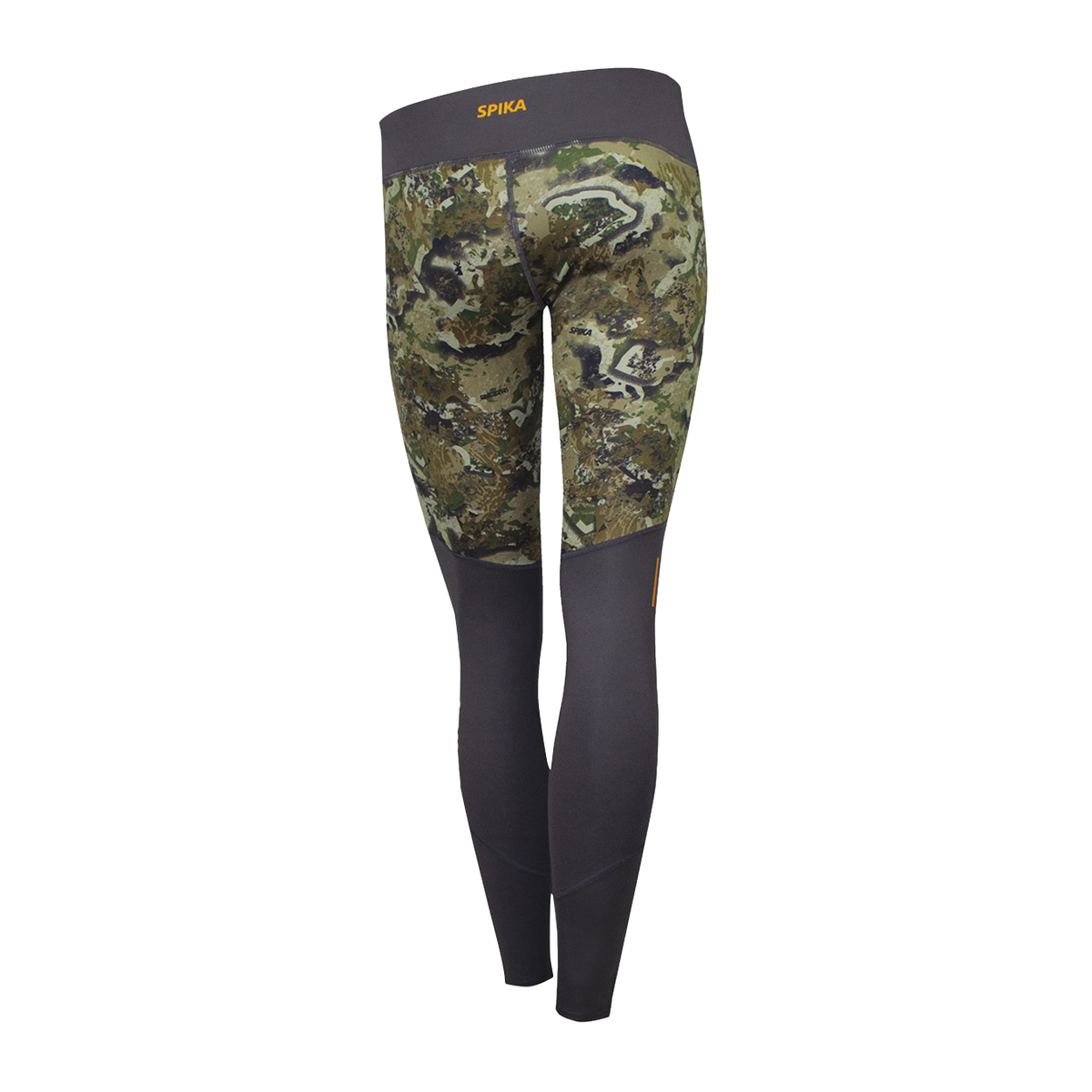 Spika Echo women's Biarri Camo activewear pants, back view with charcoal waistband and orange logo