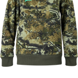 Close-up of the kangaroo pocket, olive ribbed hem and cuffs on the Spika GO Classic V2 Biarri Camo hoodie