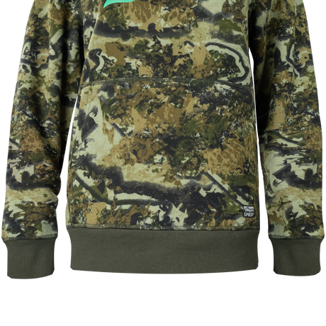 Close-up of the kangaroo pocket, olive ribbed hem and cuffs on the Spika GO Classic V2 Biarri Camo hoodie