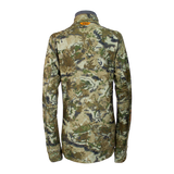 Spika Gridfleece women's half-zip hunting top in Biarri Camo, back view with Spika neck tab