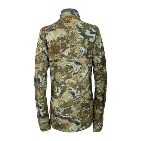 Spika Gridfleece women's half-zip hunting top in Biarri Camo, back view with Spika neck tab