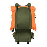 Spika Drover II Hauler frame in Biarri Camo hauling an orange dry bag strapped to the load face
