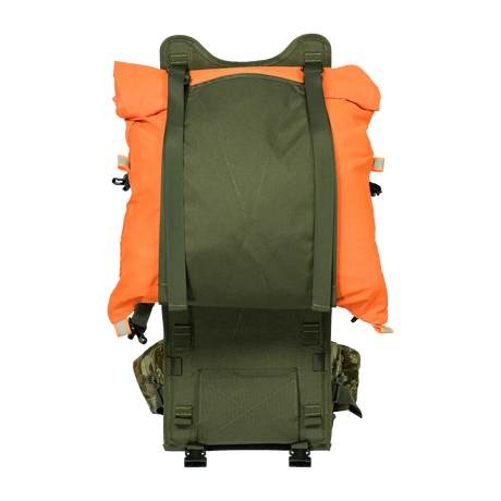 Spika Drover II Hauler frame in Biarri Camo hauling an orange dry bag strapped to the load face