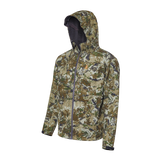 Spika Highpoint men's shell hunting jacket in Biarri Camo, three-quarter view with hood