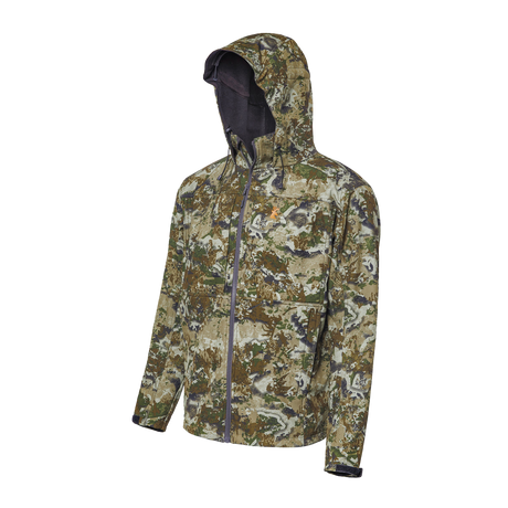 Spika Highpoint men's shell hunting jacket in Biarri Camo, three-quarter view with hood