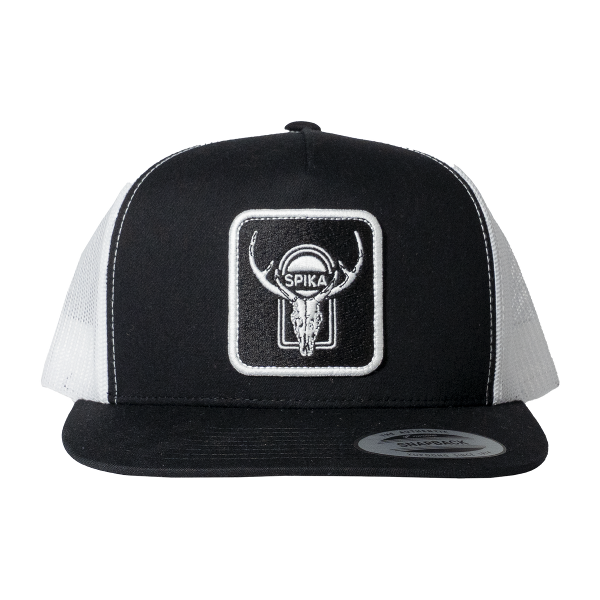 Spika High Country Sambar patch trucker cap in Black/White, front view of the sambar skull patch
