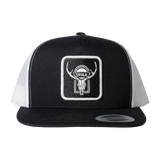 Spika High Country Sambar patch trucker cap in Black/White, front view of the sambar skull patch