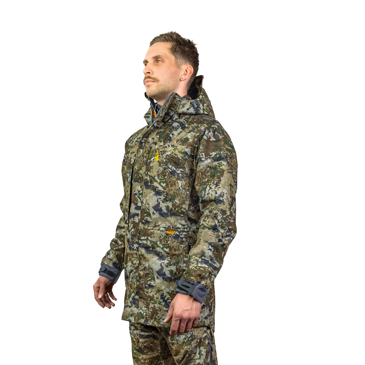 Man modelling the Spika Stalker men's hunting jacket in Biarri Camo, three-quarter front view