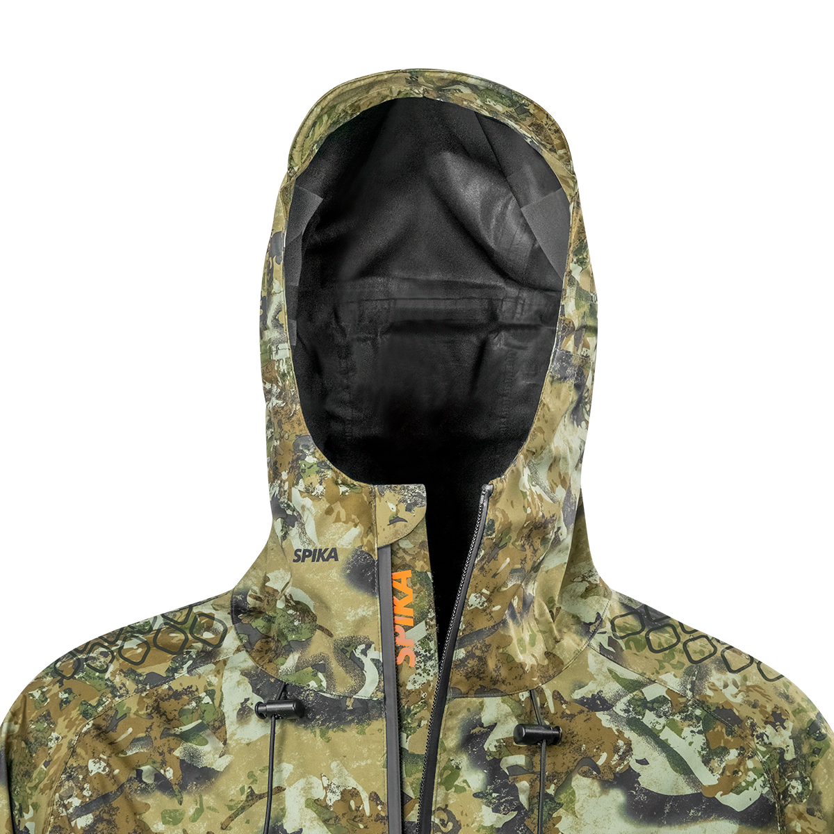 Spika Edge men's Biarri Camo jacket close-up of the adjustable hood, drawcords and orange zip garage