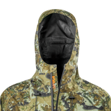 Spika Edge men's Biarri Camo jacket close-up of the adjustable hood, drawcords and orange zip garage