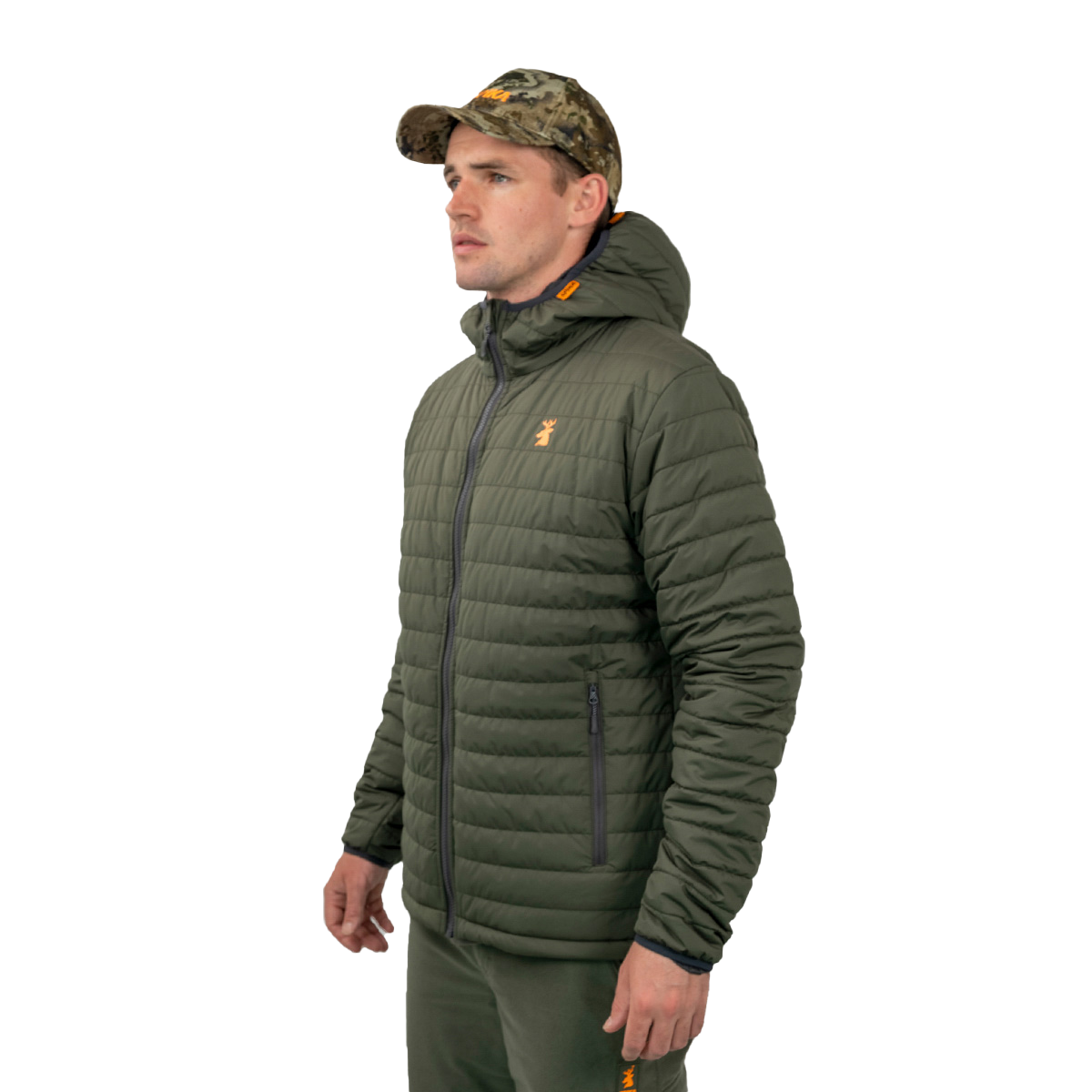 Model in the Spika Chase men's Olive puffer jacket and camo cap, three-quarter side view