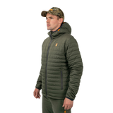 Model in the Spika Chase men's Olive puffer jacket and camo cap, three-quarter side view