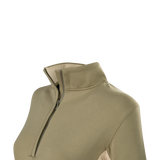 Close-up of the stand collar and front zip on the Spika GO AVP women's olive half-zip top