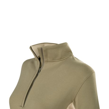 Close-up of the stand collar and front zip on the Spika GO AVP women's olive half-zip top