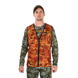 Hunter wearing the Spika Ranger vest in Biarri Blaze over a Biarri Camo top, front view