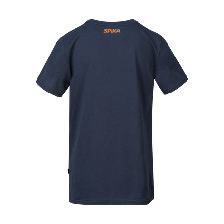 Spika GO Rogue kids' T-shirt in navy, back view with small orange SPIKA logo below the neck