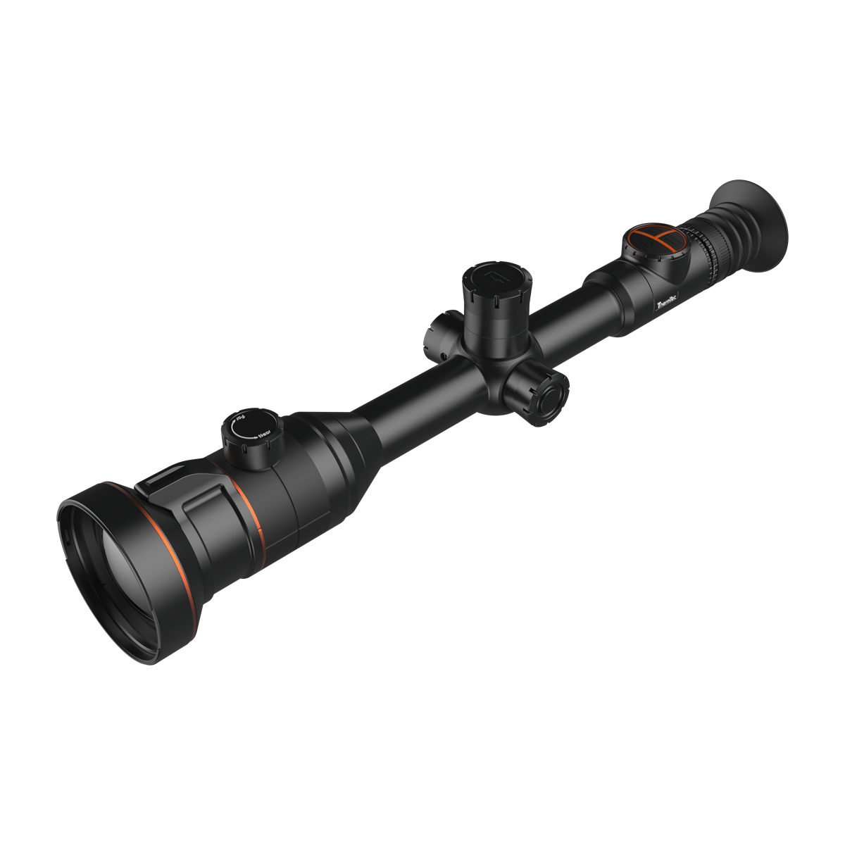 ThermTec Ares 360 2.0 thermal tube scope in black, three-quarter view from objective lens end