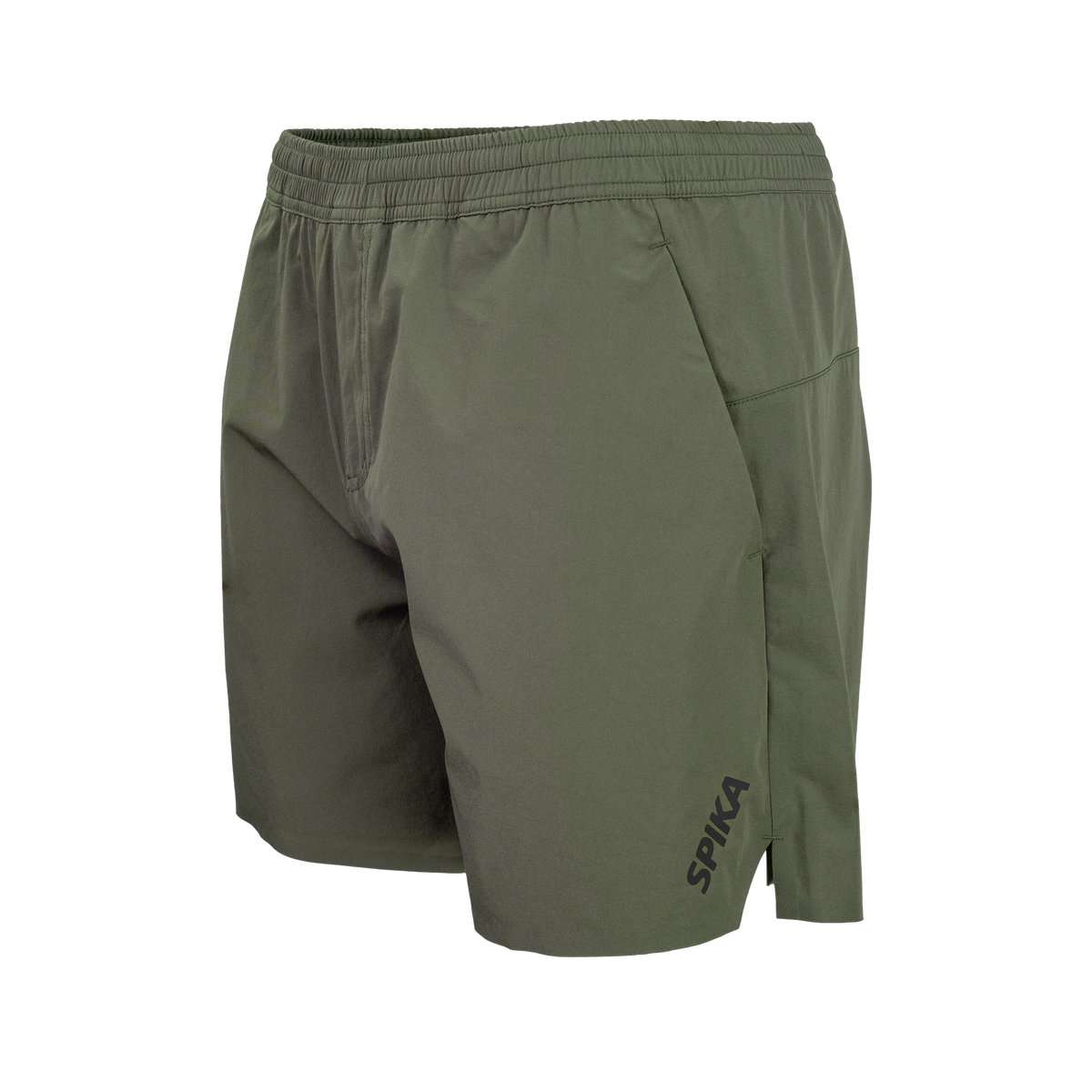 Spika GO Arid men's olive quick dry shorts, three-quarter front view with side pocket and leg logo