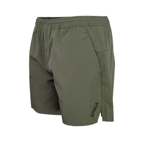 Spika GO Arid men's olive quick dry shorts, three-quarter front view with side pocket and leg logo