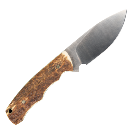 Spika Bushmaster Jeremiah fixed blade knife, reverse side view with drop point blade and antler-look handle