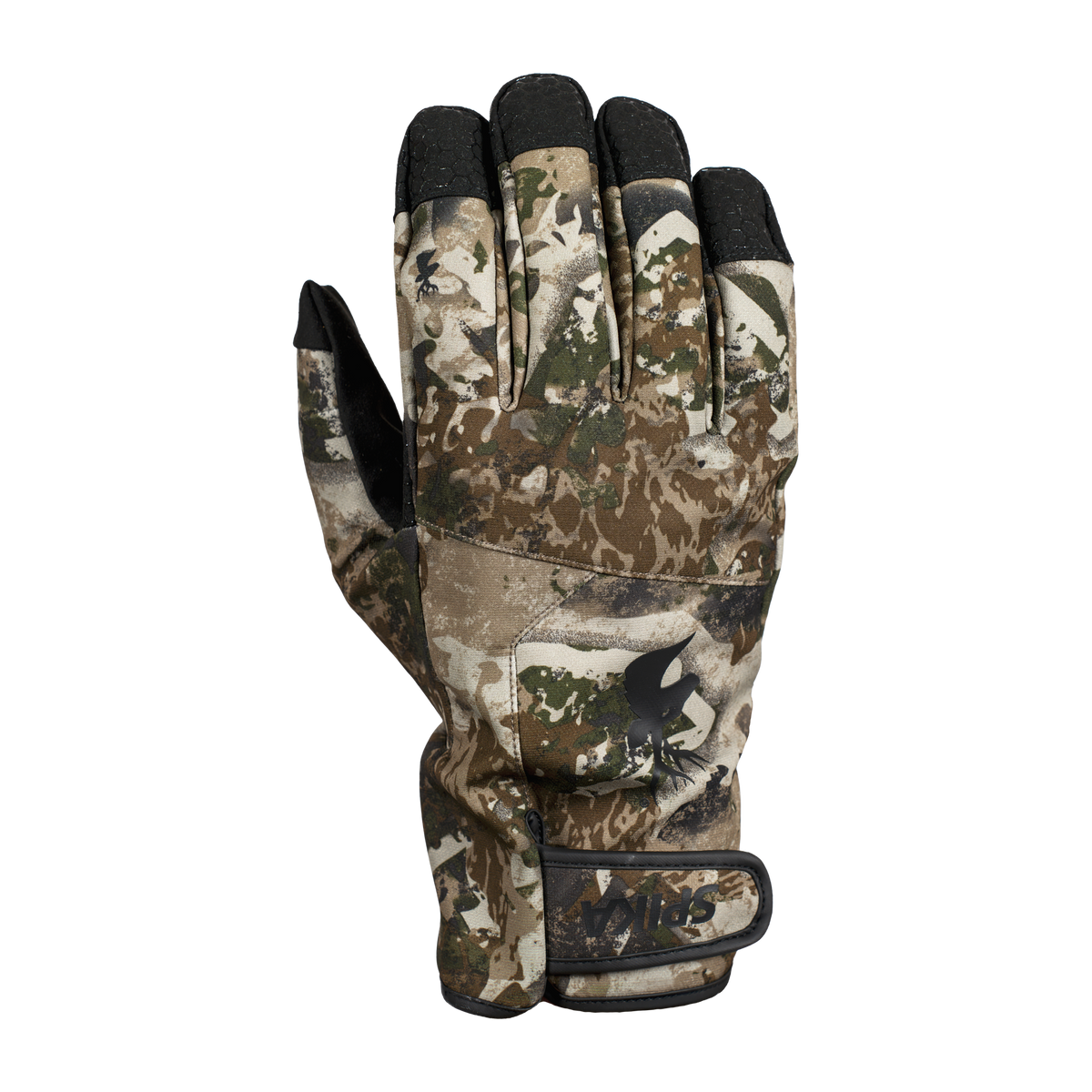 Spika Arctic men's Biarri Camo glove, back of hand view with black fingertips and wrist strap