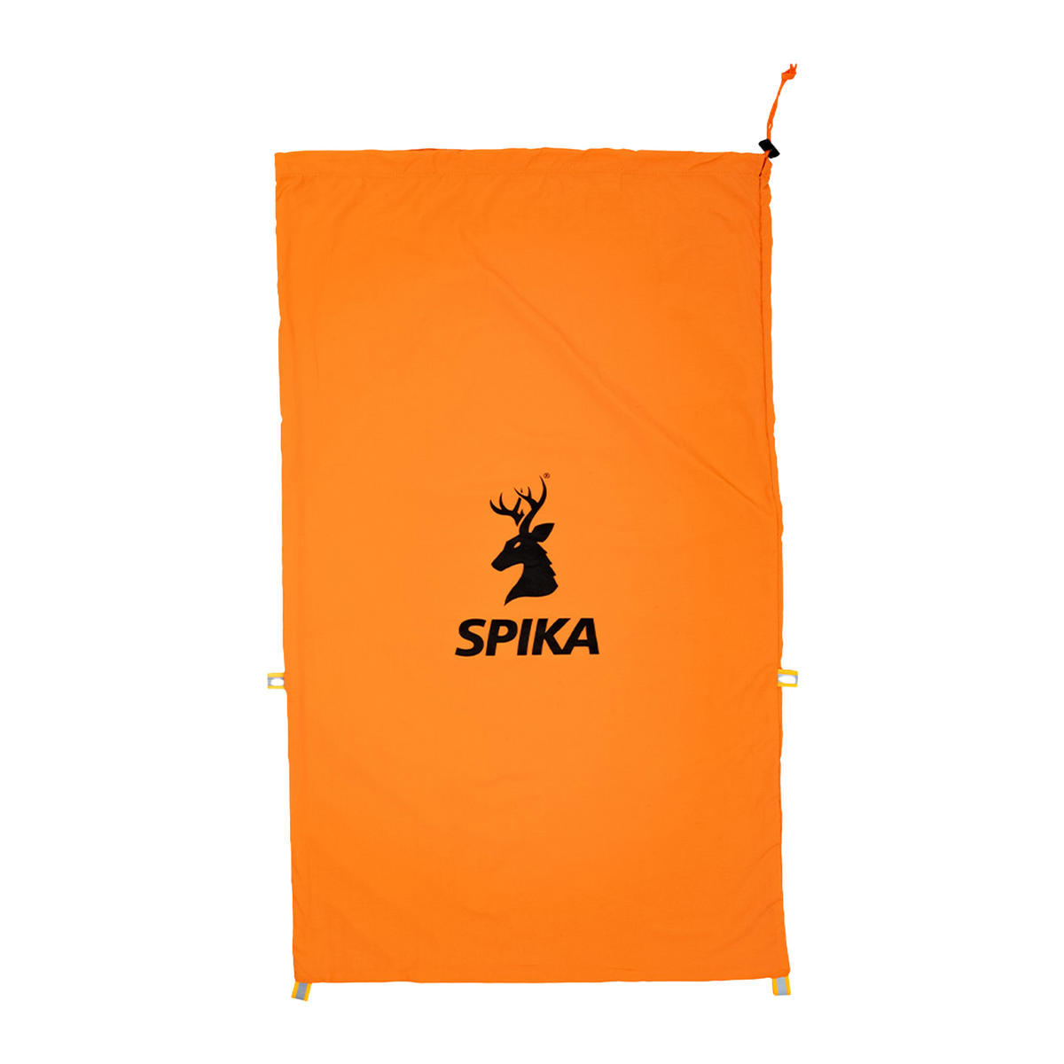 Spika Drover large meat bag in blaze orange laid flat, showing drawstring top and stag logo print