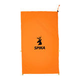 Spika Drover large meat bag in blaze orange laid flat, showing drawstring top and stag logo print