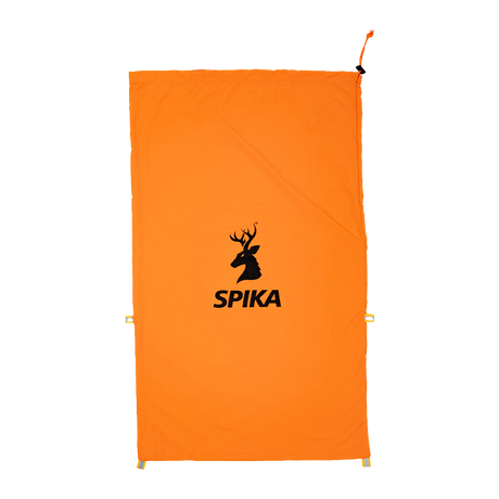 Spika Drover large meat bag in blaze orange laid flat, showing drawstring top and stag logo print