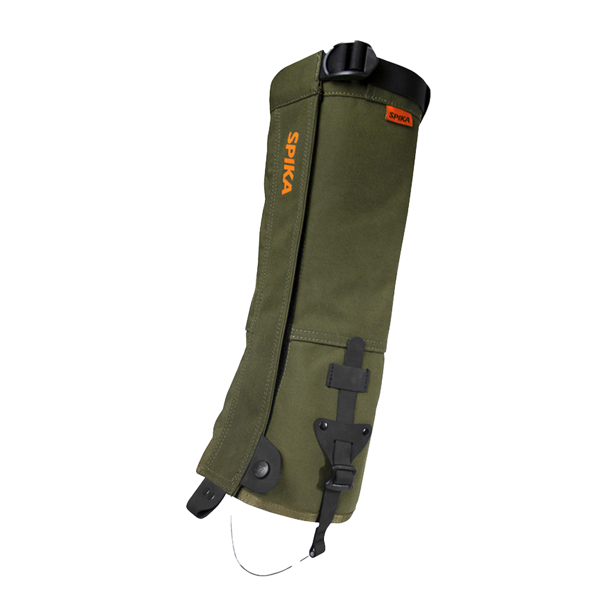 Spika Strike adult hunting gaiter in Olive, single gaiter with orange Spika logo and top strap