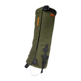 Spika Strike adult hunting gaiter in Olive, single gaiter with orange Spika logo and top strap