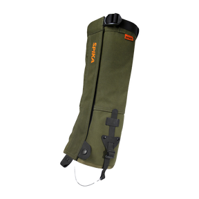 Spika Strike adult hunting gaiter in Olive, single gaiter with orange Spika logo and top strap