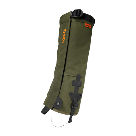 Spika Strike adult hunting gaiter in Olive, single gaiter with orange Spika logo and top strap