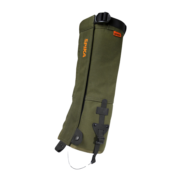 Spika Strike adult hunting gaiter in Olive, single gaiter with orange Spika logo and top strap