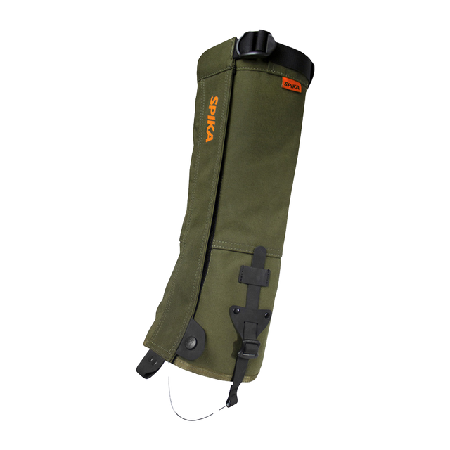 Spika Strike adult hunting gaiter in Olive, single gaiter with orange Spika logo and top strap