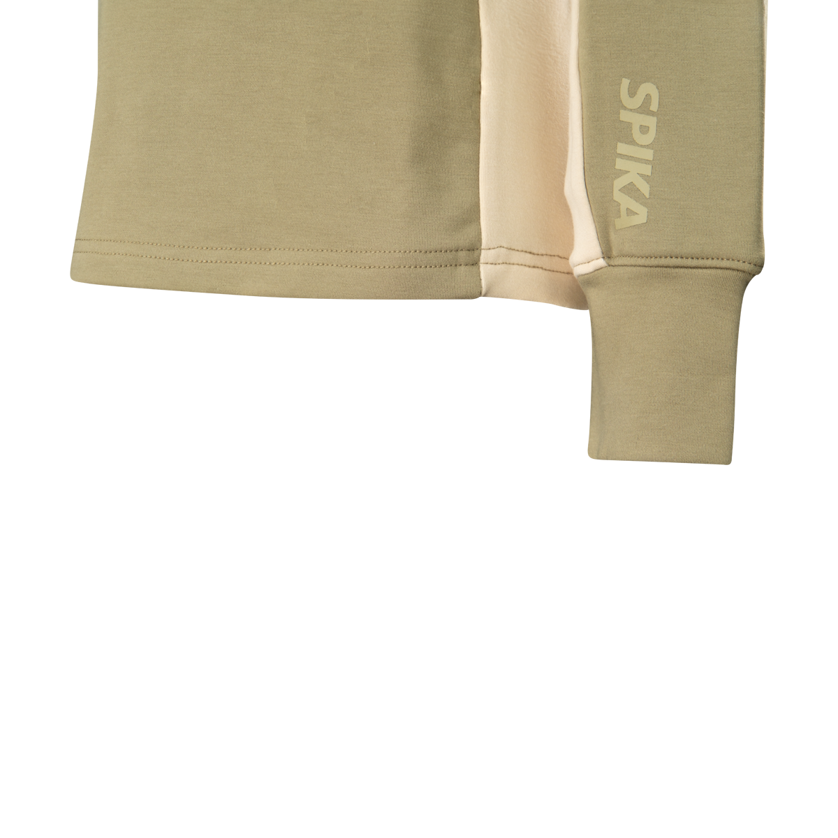 Close-up of the ribbed cuff, cream side panel and SPIKA sleeve print on Spika GO AVP women's olive half-zip