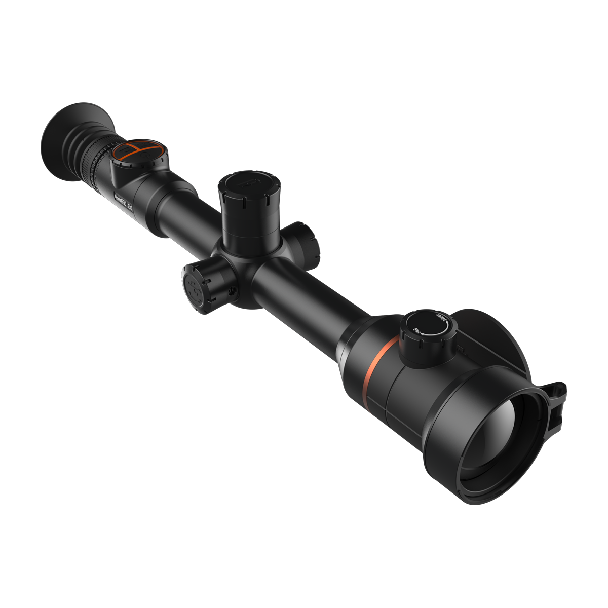 ThermTec Ares 650 2.0 thermal tube scope in black, elevated three-quarter view from eyepiece end
