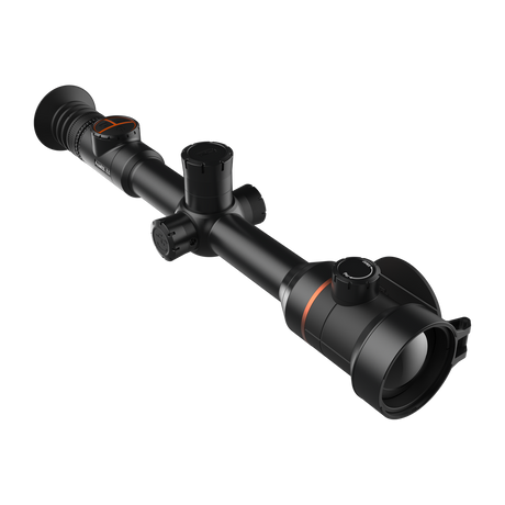 ThermTec Ares 650 2.0 thermal tube scope in black, elevated three-quarter view from eyepiece end