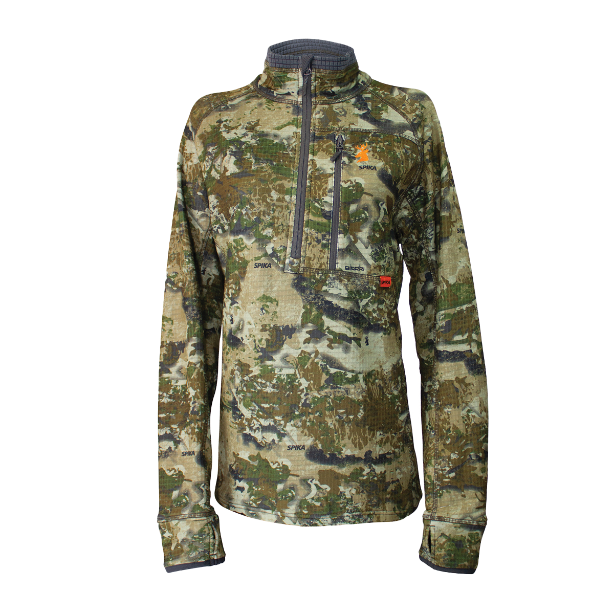 Spika Gridfleece women's half-zip top in Biarri Camo, front view of the camo pattern and collar